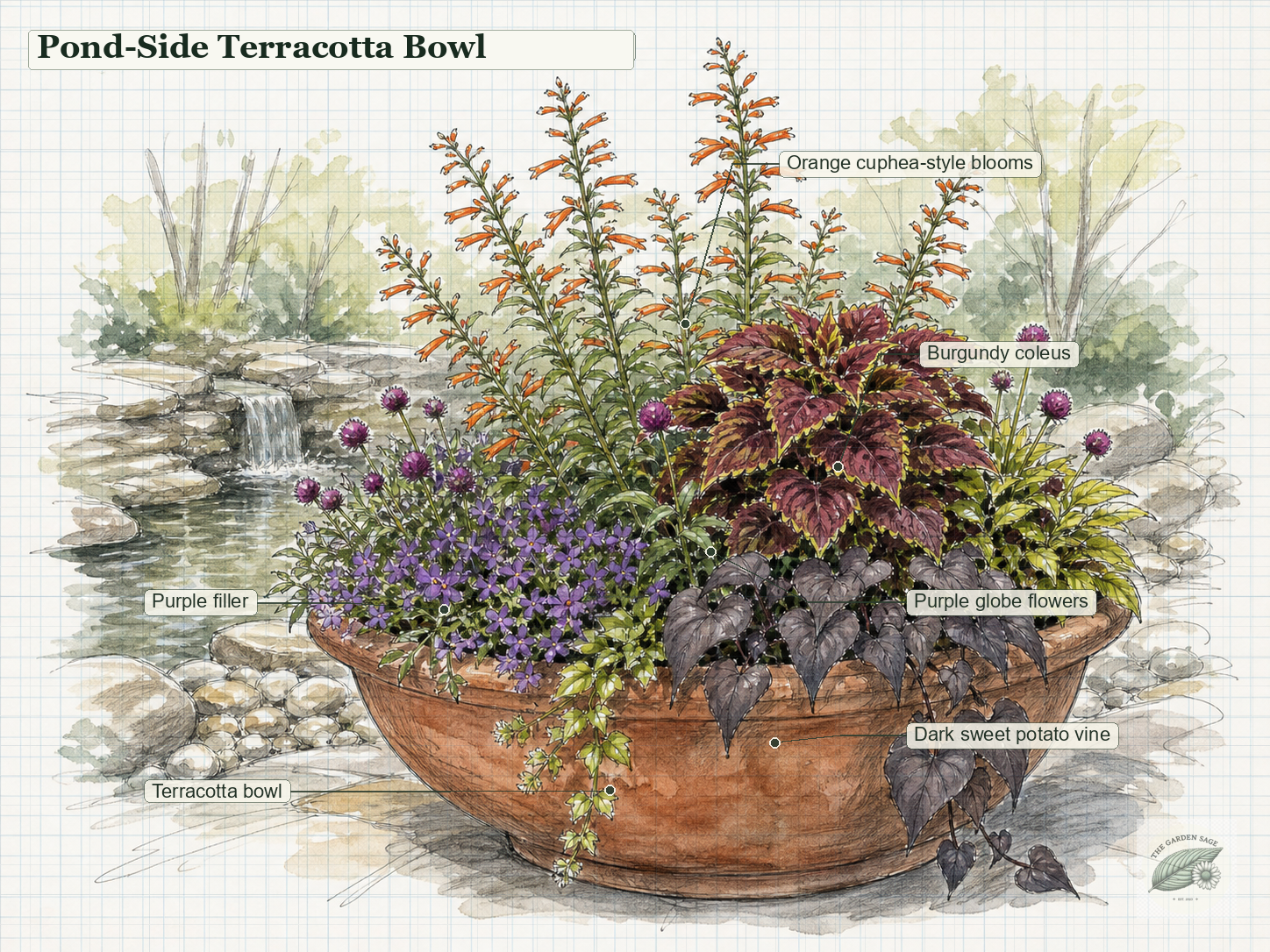 Terracotta pond container graph-paper sketch