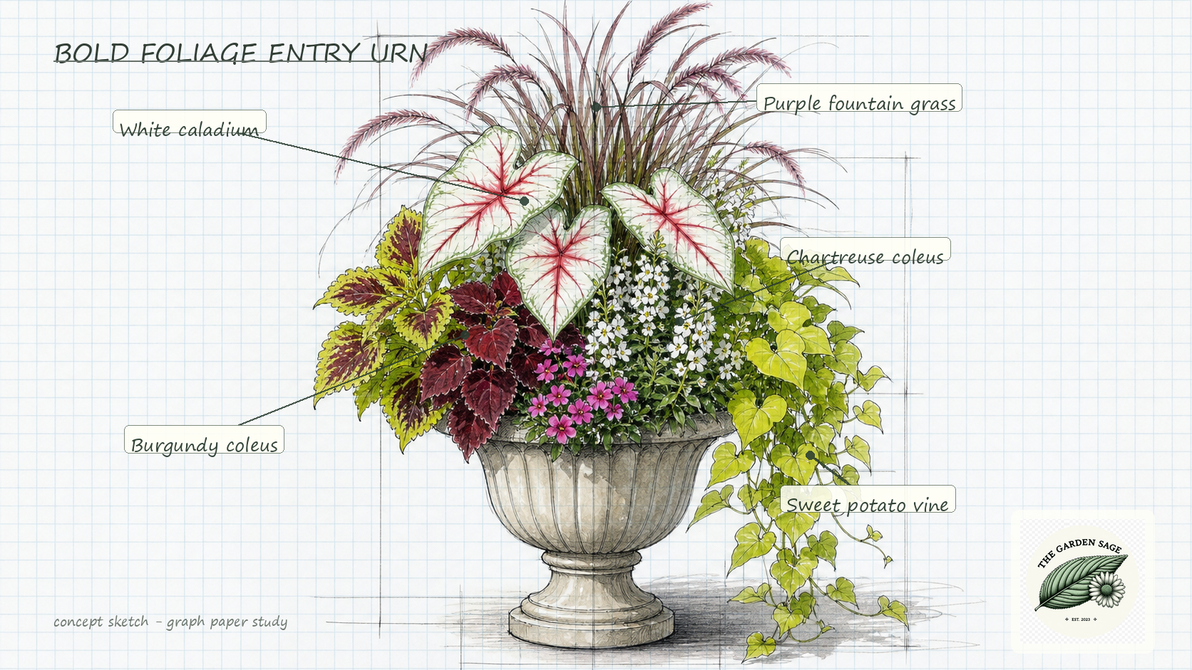 Bold foliage entry urn sketch with labeled caladium, fountain grass, coleus, and sweet potato vine