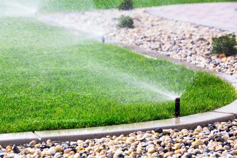 Sprinklers hydrating a vibrant summer landscape