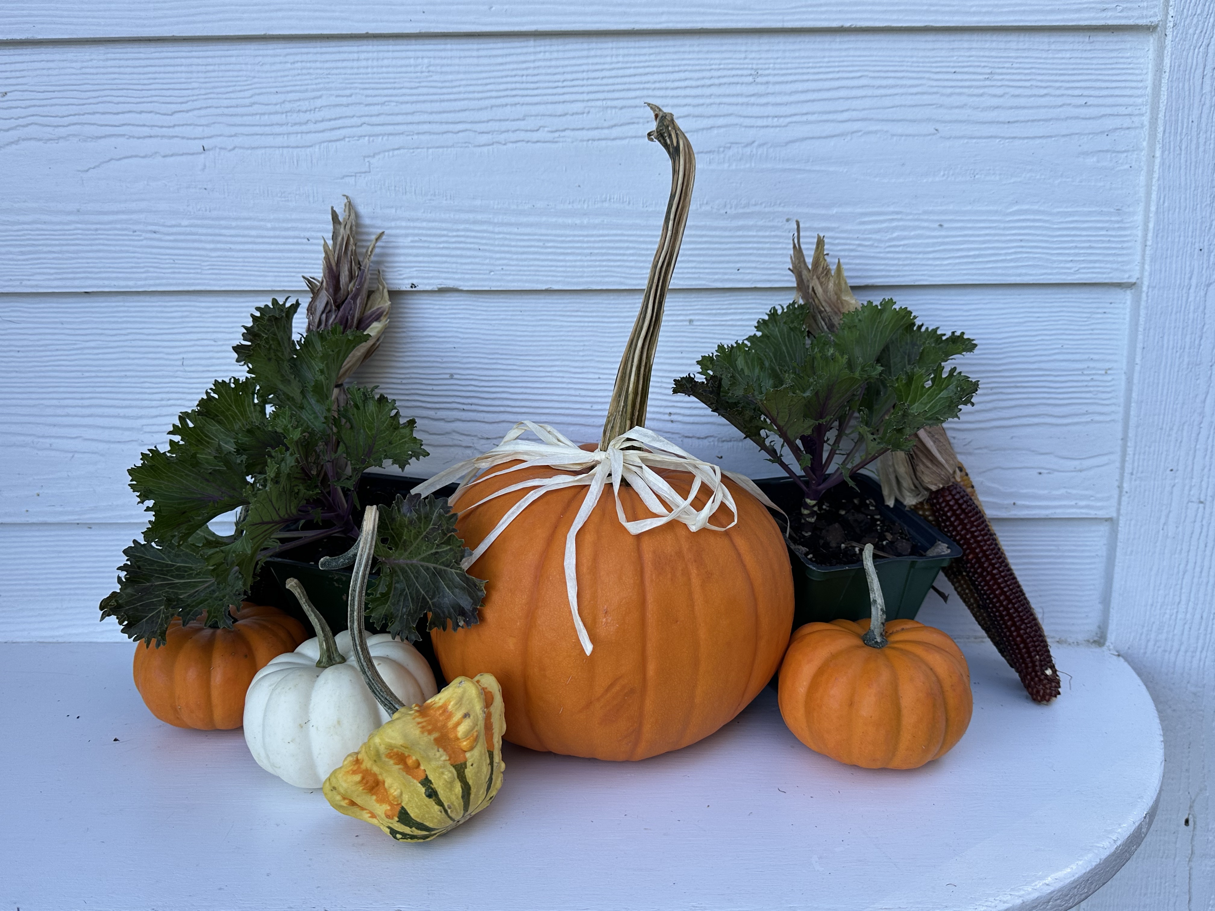 Tabletop arrangement with pumpkins, gourds, and ornamental kale