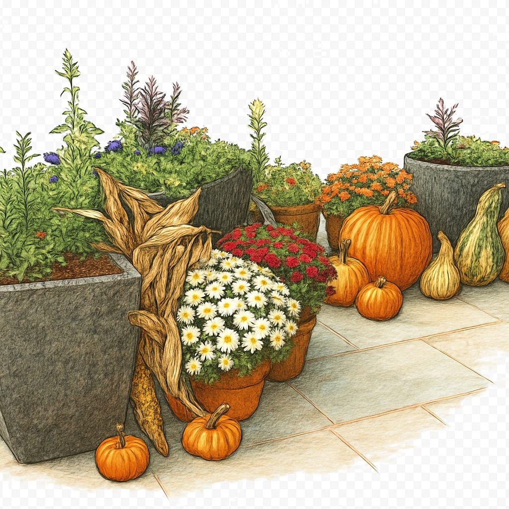 Golden-hued corner vignette with cascading fall foliage and pumpkins